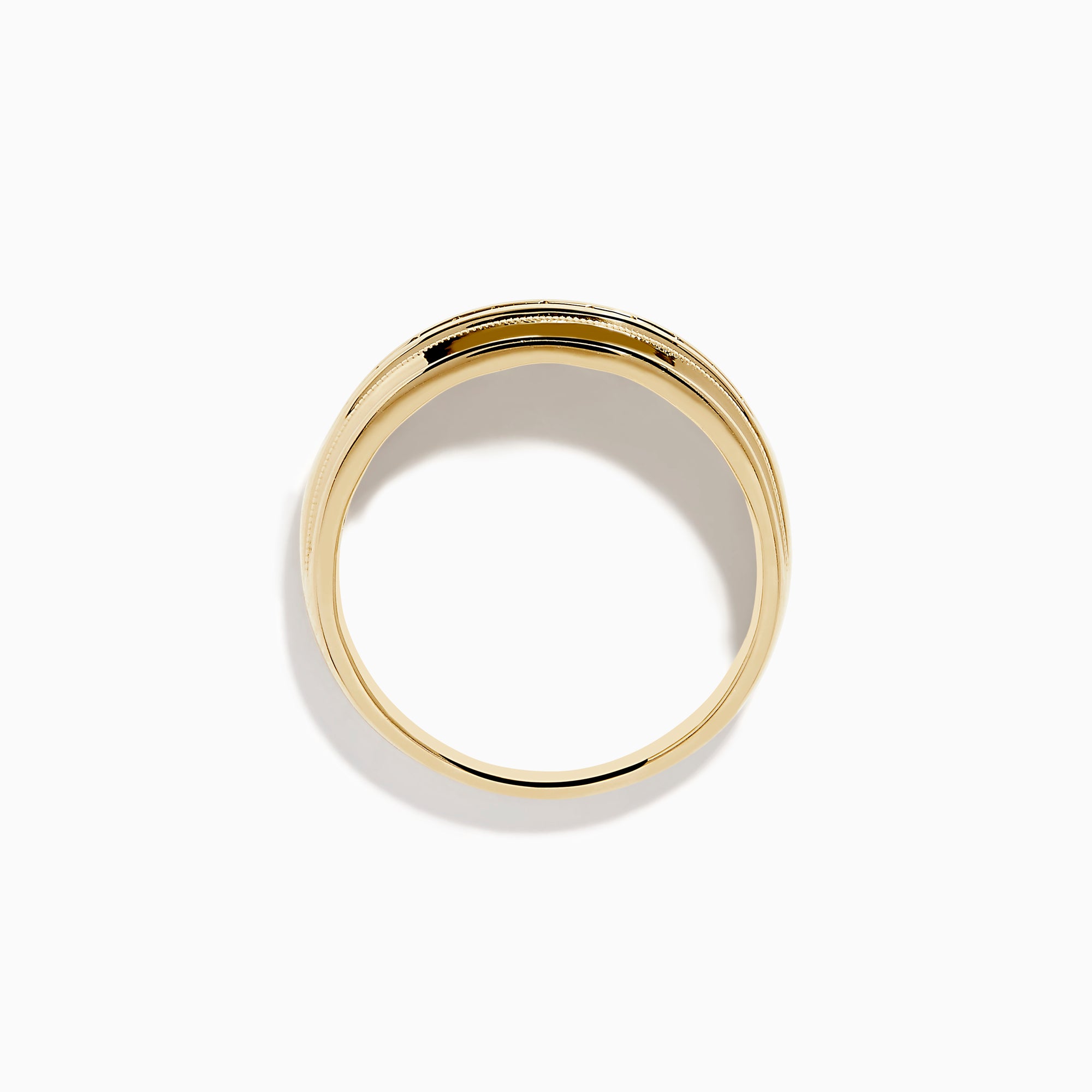 The Mens Bella Bleu 14K Yellow Gold Blue Diamond Ring features a row of small, round blue diamonds set in the center and is displayed on a white background.