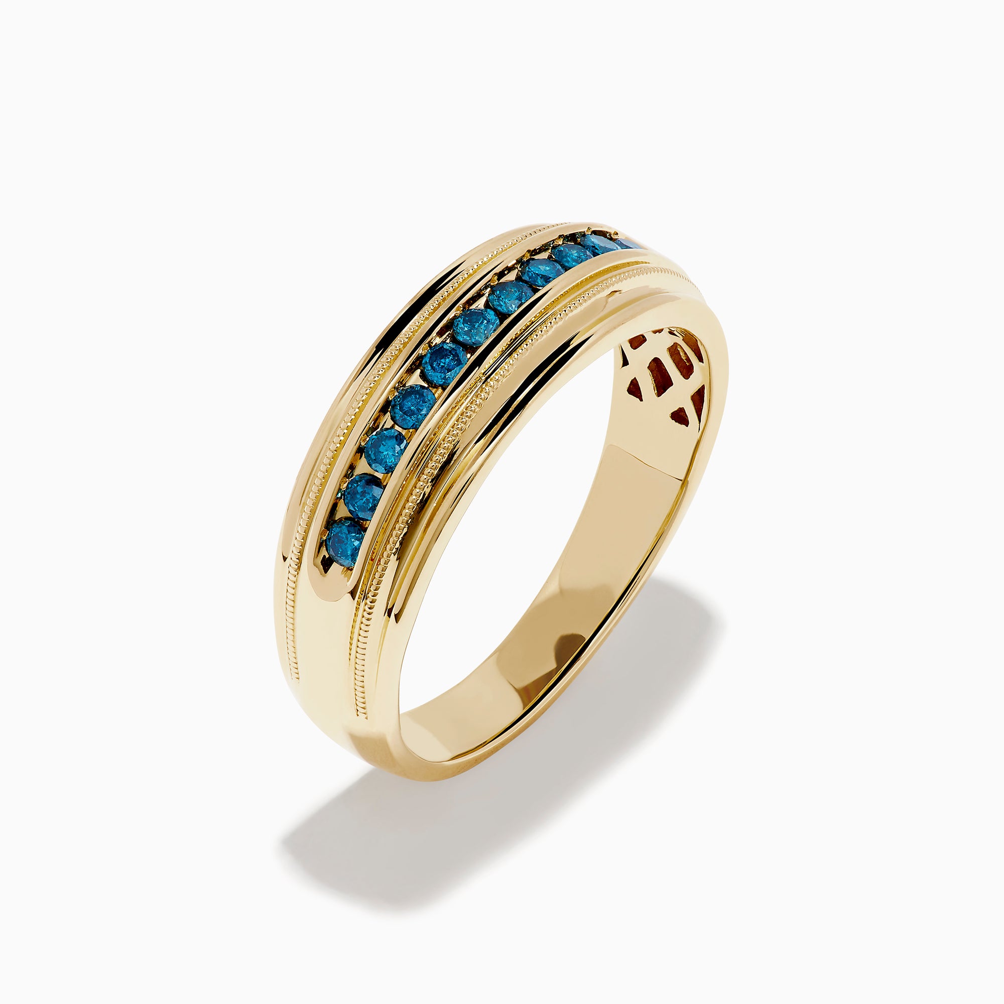 The Mens Bella Bleu 14K Yellow Gold Blue Diamond Ring features a row of small, round blue diamonds set in the center and is displayed on a white background.