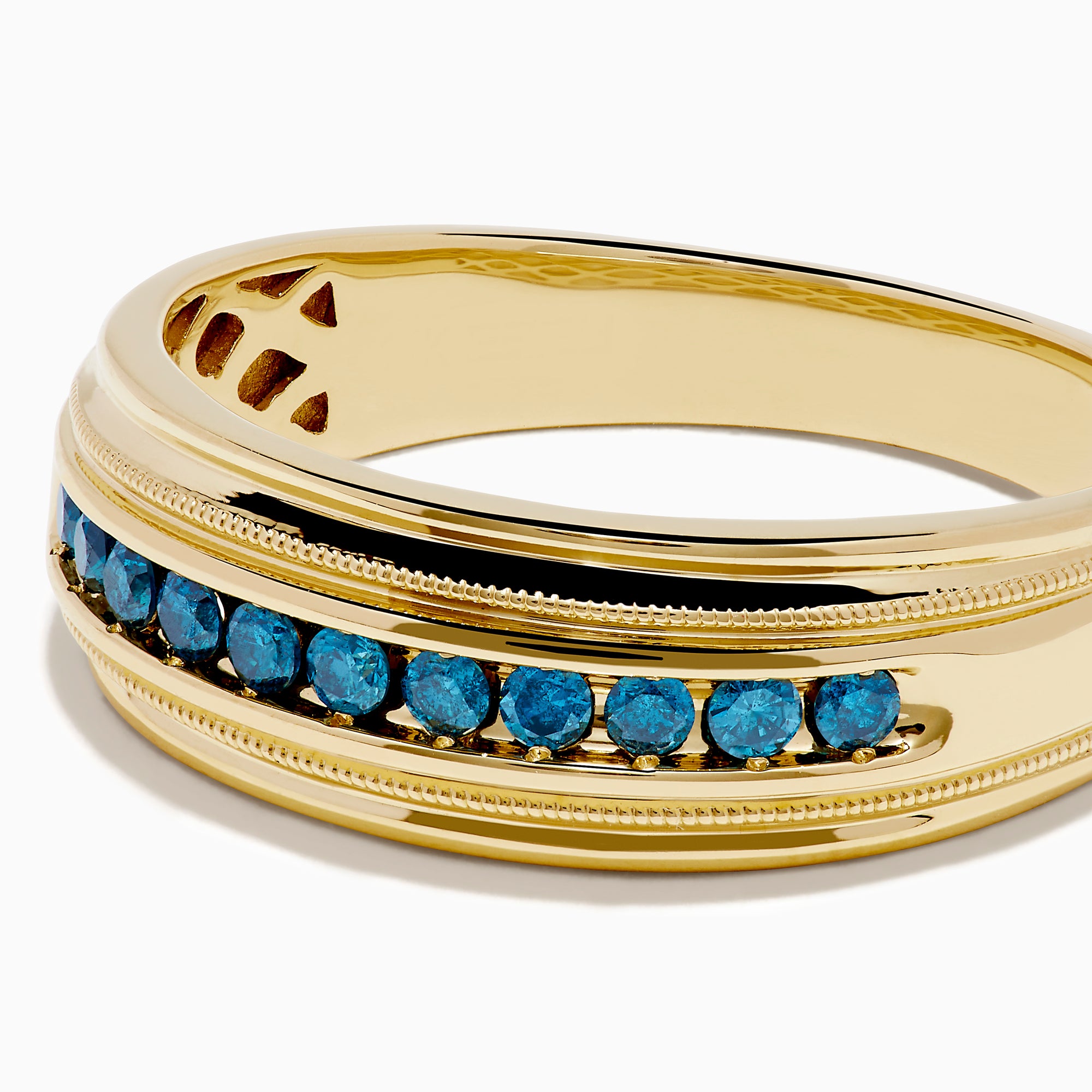 The Mens Bella Bleu 14K Yellow Gold Blue Diamond Ring features a row of small, round blue diamonds set in the center and is displayed on a white background.