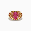 The Watercolors 14K Yellow Gold Multi Sapphire Heart Ring features a heart-shaped design adorned with pink and red sapphires and intricate detailing along the edges and band.