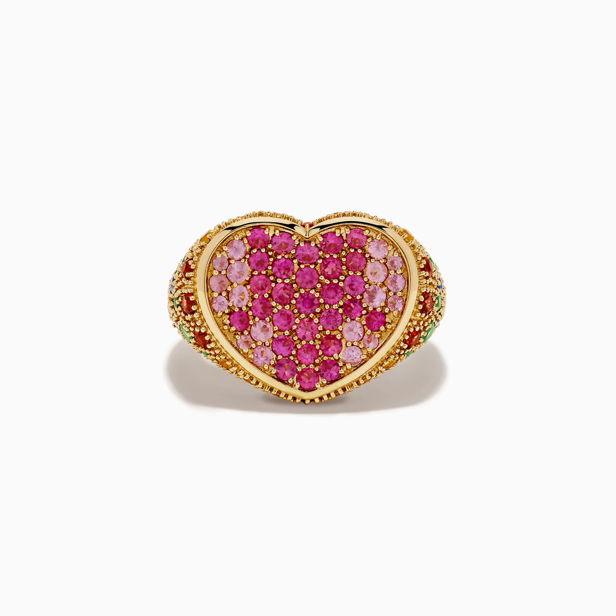 The Watercolors 14K Yellow Gold Multi Sapphire Heart Ring features a heart-shaped design adorned with pink and red sapphires and intricate detailing along the edges and band.
