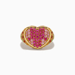 The Watercolors 14K Yellow Gold Multi Sapphire Heart Ring features a heart-shaped design adorned with pink and red sapphires and intricate detailing along the edges and band.