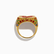 The Watercolors 14K Yellow Gold Multi Sapphire Heart Ring features a heart-shaped design adorned with pink and red sapphires and intricate detailing along the edges and band.