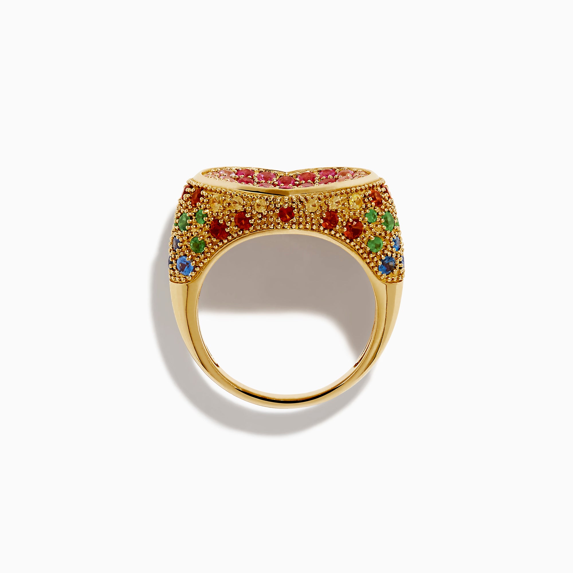 The Watercolors 14K Yellow Gold Multi Sapphire Heart Ring features a heart-shaped design adorned with pink and red sapphires and intricate detailing along the edges and band.