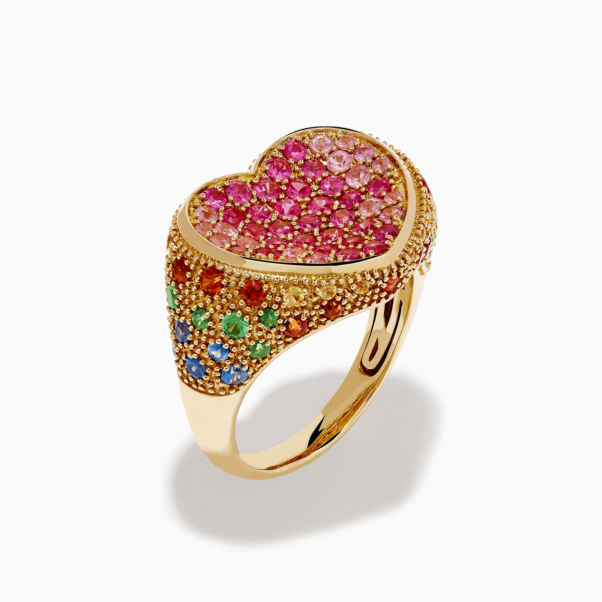 The Watercolors 14K Yellow Gold Multi Sapphire Heart Ring features a heart-shaped design adorned with pink and red sapphires and intricate detailing along the edges and band.
