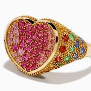 The Watercolors 14K Yellow Gold Multi Sapphire Heart Ring features a heart-shaped design adorned with pink and red sapphires and intricate detailing along the edges and band.