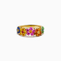 The 925 Sterling Silver with 14K Yellow Gold Plating Multi Sapphire Floral Band showcases clusters of vibrant blue, yellow, pink, orange, and green sapphires in a floral design.