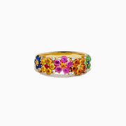 The 925 Sterling Silver with 14K Yellow Gold Plating Multi Sapphire Floral Band showcases clusters of vibrant blue, yellow, pink, orange, and green sapphires in a floral design.