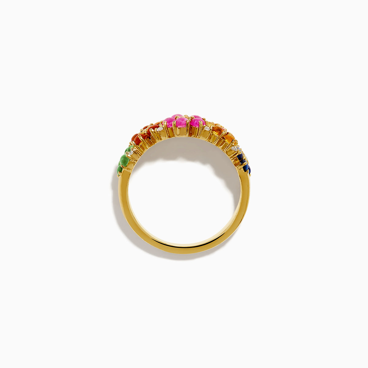 The 925 Sterling Silver with 14K Yellow Gold Plating Multi Sapphire Floral Band showcases clusters of vibrant blue, yellow, pink, orange, and green sapphires in a floral design.