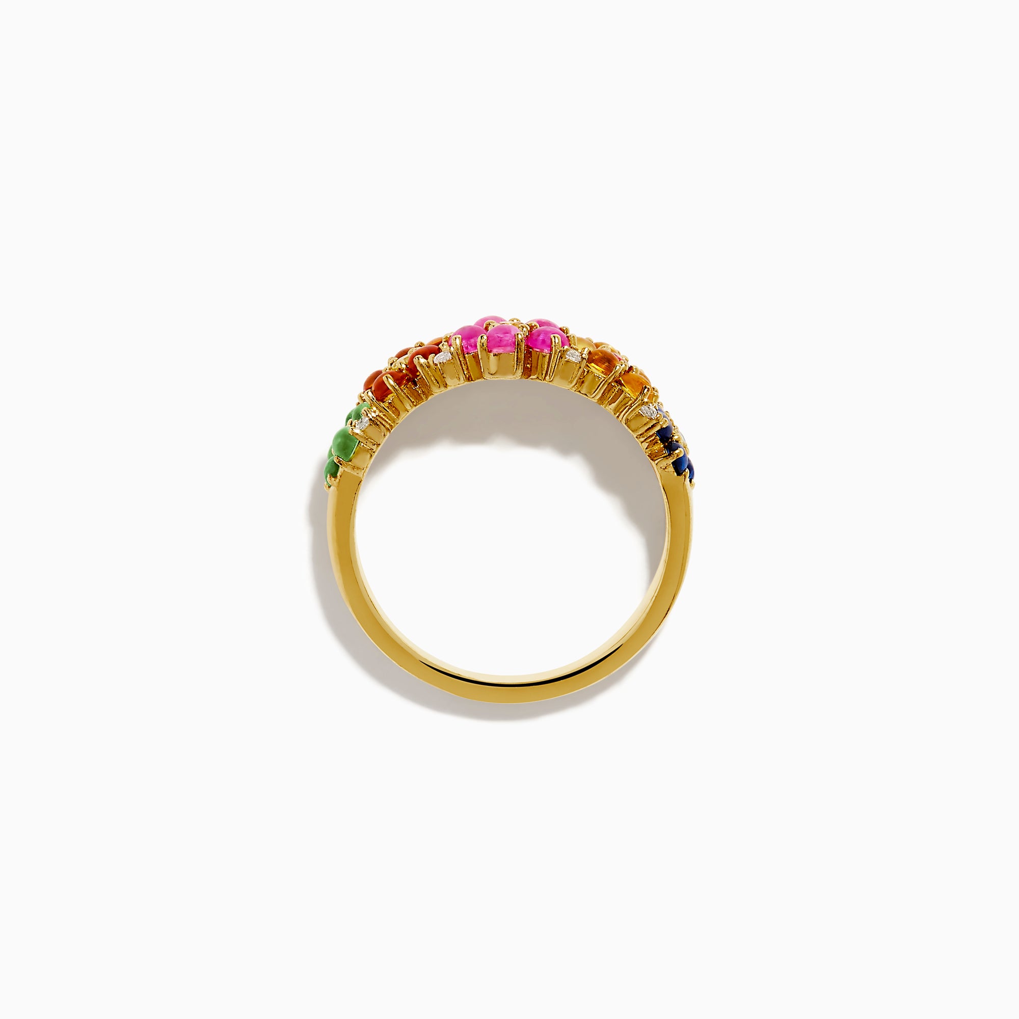 The 925 Sterling Silver with 14K Yellow Gold Plating Multi Sapphire Floral Band showcases clusters of vibrant blue, yellow, pink, orange, and green sapphires in a floral design.