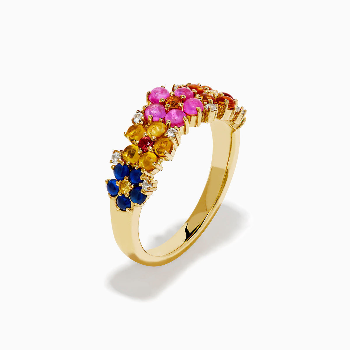 The 925 Sterling Silver with 14K Yellow Gold Plating Multi Sapphire Floral Band showcases clusters of vibrant blue, yellow, pink, orange, and green sapphires in a floral design.