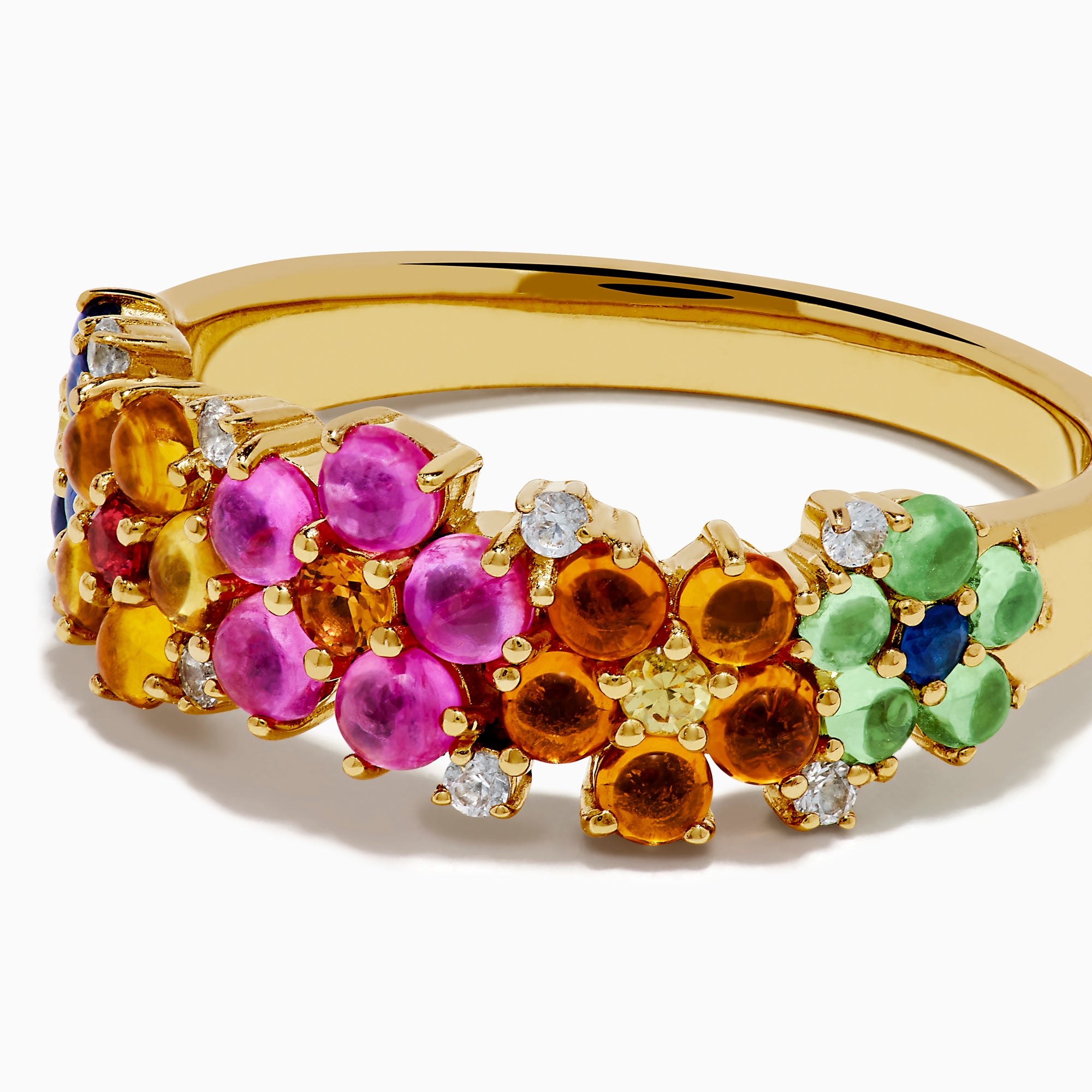 The 925 Sterling Silver with 14K Yellow Gold Plating Multi Sapphire Floral Band showcases clusters of vibrant blue, yellow, pink, orange, and green sapphires in a floral design.
