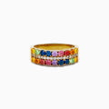 The 925 Sterling Silver with Yellow Gold Plating Cabochon Multi Sapphire Ring showcases three rows: two outer rows of multicolored sapphires and a middle row of small clear stones set on a wide yellow gold-plated band.