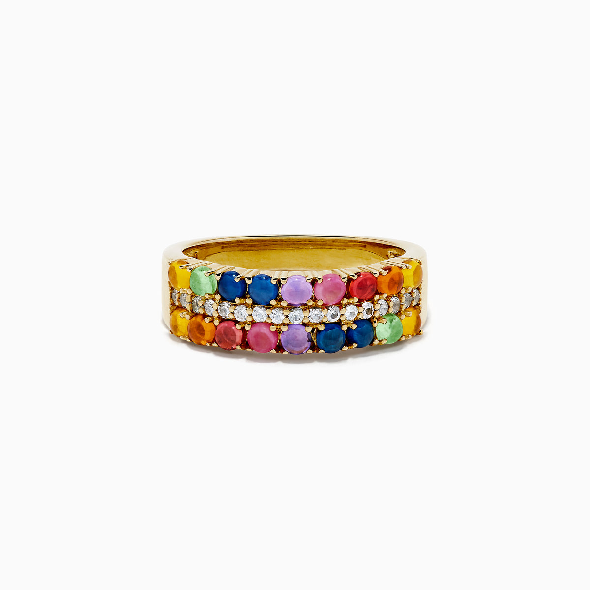 The 925 Sterling Silver with Yellow Gold Plating Cabochon Multi Sapphire Ring showcases three rows: two outer rows of multicolored sapphires and a middle row of small clear stones set on a wide yellow gold-plated band.