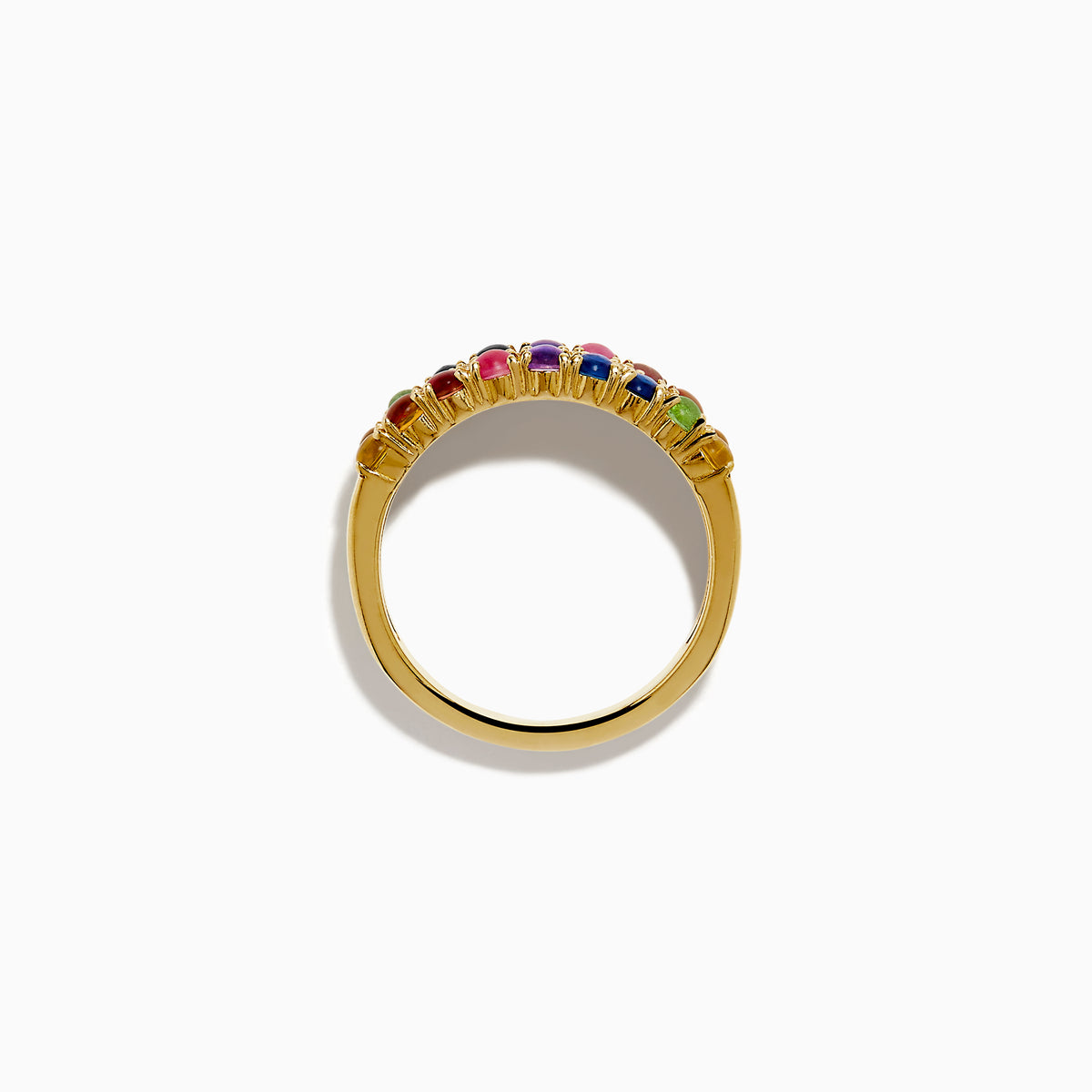 The 925 Sterling Silver with Yellow Gold Plating Cabochon Multi Sapphire Ring showcases three rows: two outer rows of multicolored sapphires and a middle row of small clear stones set on a wide yellow gold-plated band.