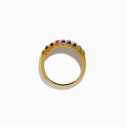 The 925 Sterling Silver with Yellow Gold Plating Cabochon Multi Sapphire Ring showcases three rows: two outer rows of multicolored sapphires and a middle row of small clear stones set on a wide yellow gold-plated band.