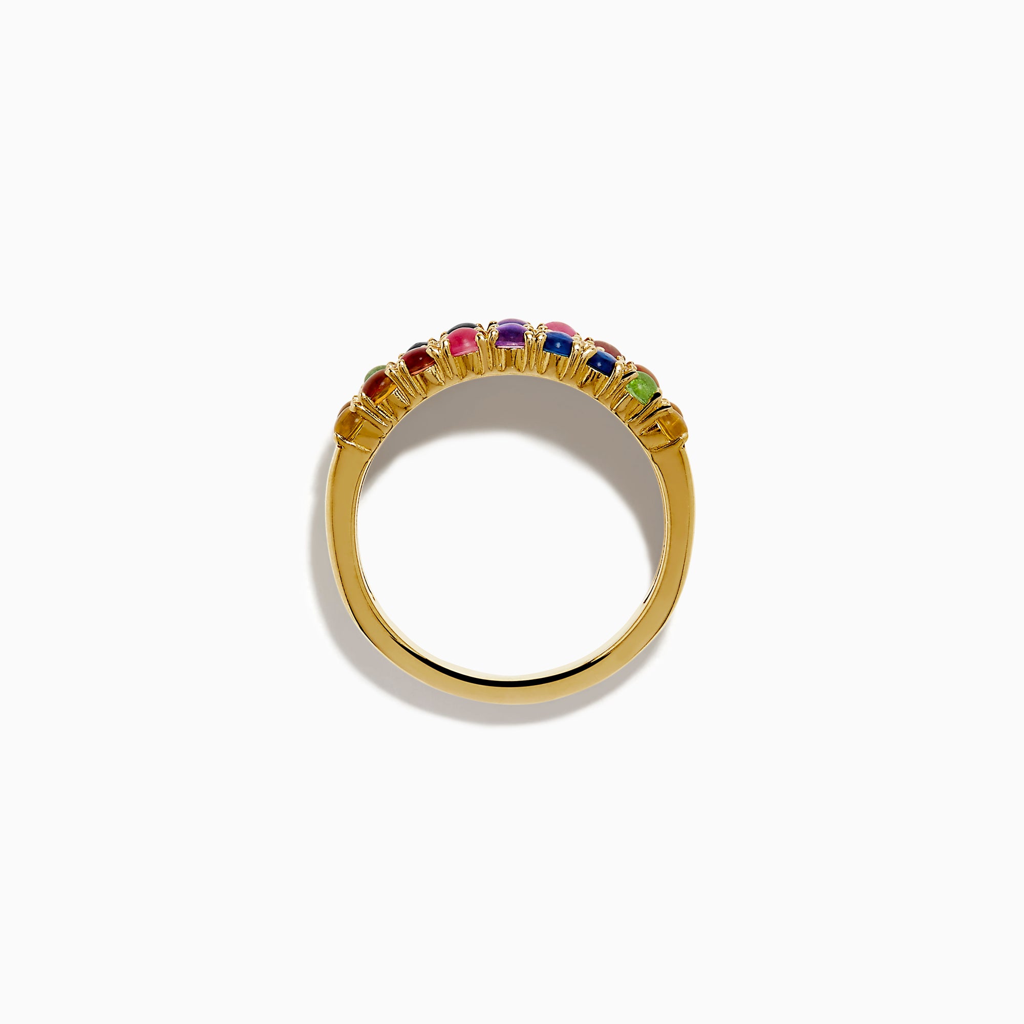 The 925 Sterling Silver with Yellow Gold Plating Cabochon Multi Sapphire Ring showcases three rows: two outer rows of multicolored sapphires and a middle row of small clear stones set on a wide yellow gold-plated band.