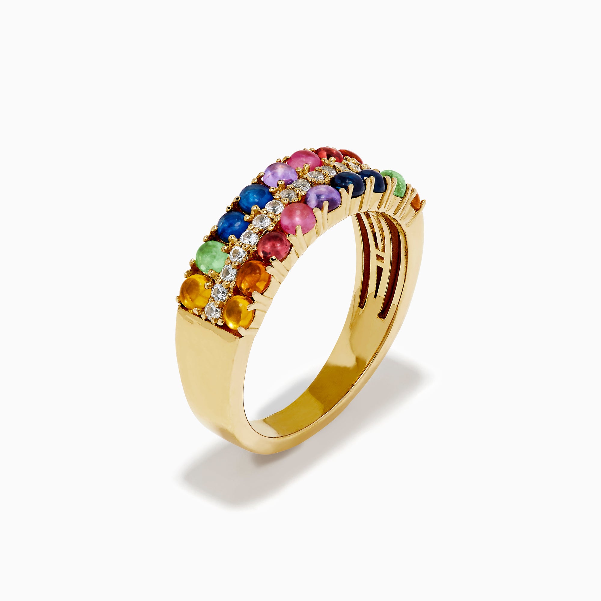 The 925 Sterling Silver with Yellow Gold Plating Cabochon Multi Sapphire Ring showcases three rows: two outer rows of multicolored sapphires and a middle row of small clear stones set on a wide yellow gold-plated band.