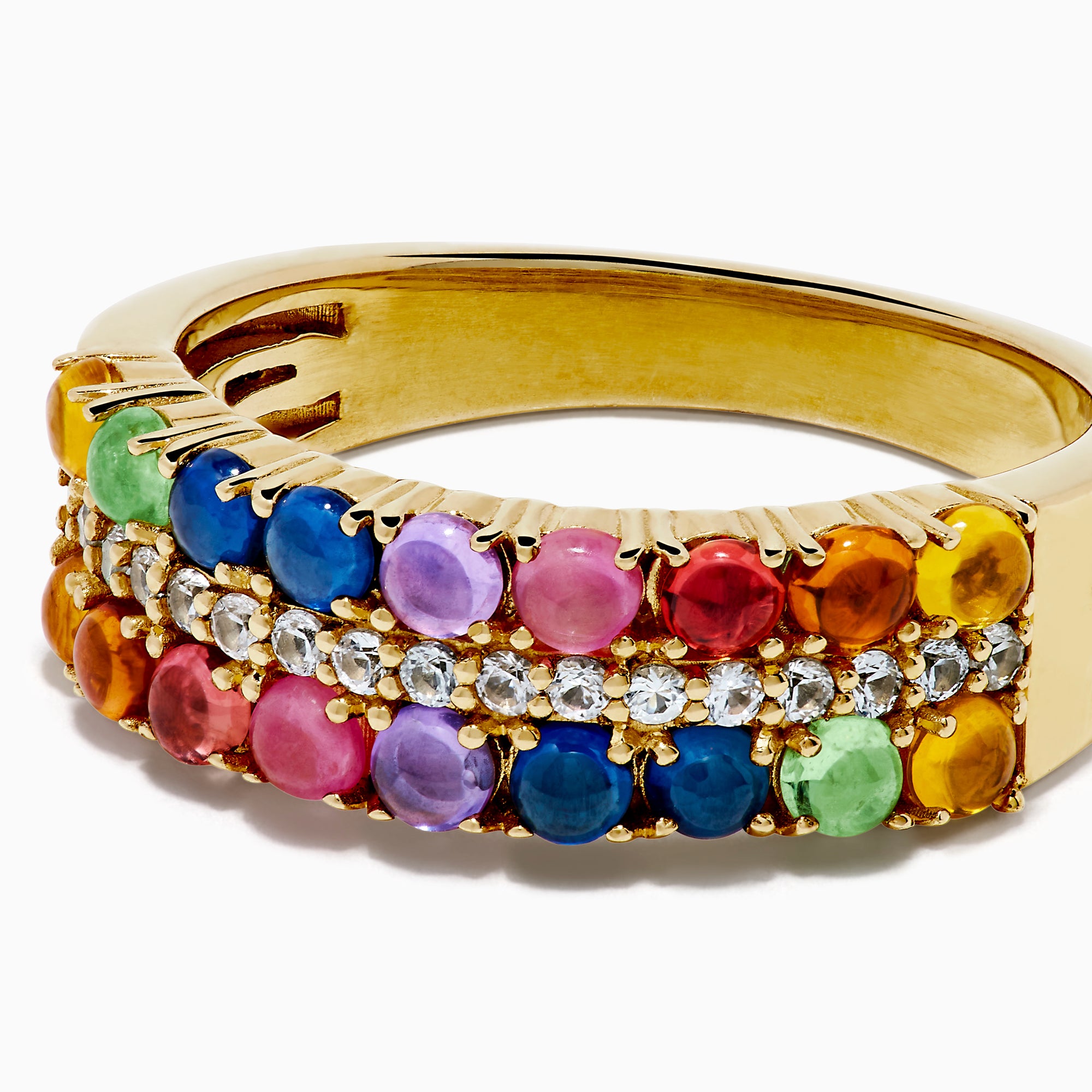 The 925 Sterling Silver with Yellow Gold Plating Cabochon Multi Sapphire Ring showcases three rows: two outer rows of multicolored sapphires and a middle row of small clear stones set on a wide yellow gold-plated band.