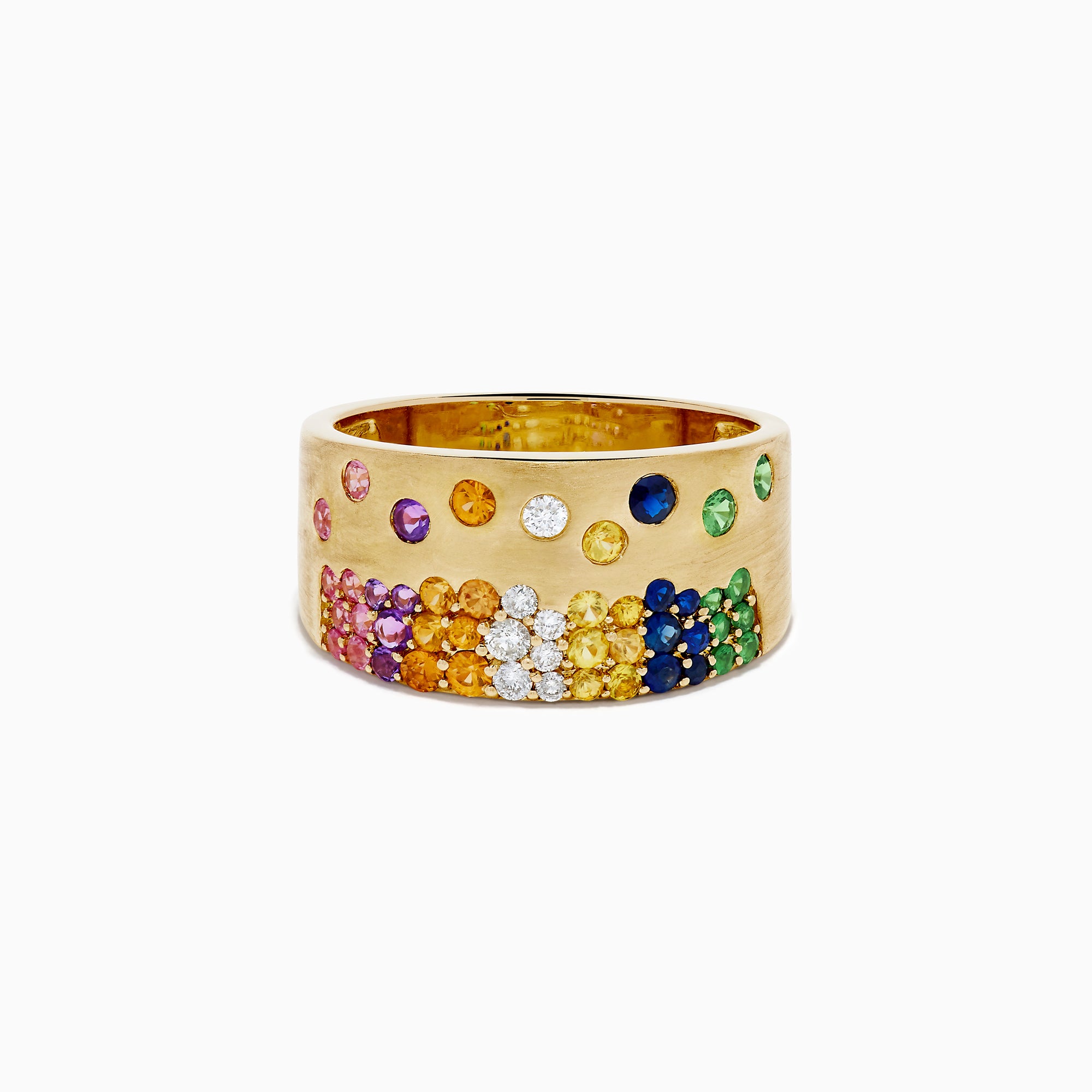 The Watercolors 14K Yellow Gold Multi Sapphire and Diamond Scattered Wide Band showcases vibrant sapphires and sparkling diamonds artfully scattered across a bold yellow gold band for a colorful, eye-catching look.