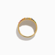 The Watercolors 14K Yellow Gold Multi Sapphire and Diamond Scattered Wide Band showcases vibrant sapphires and sparkling diamonds artfully scattered across a bold yellow gold band for a colorful, eye-catching look.