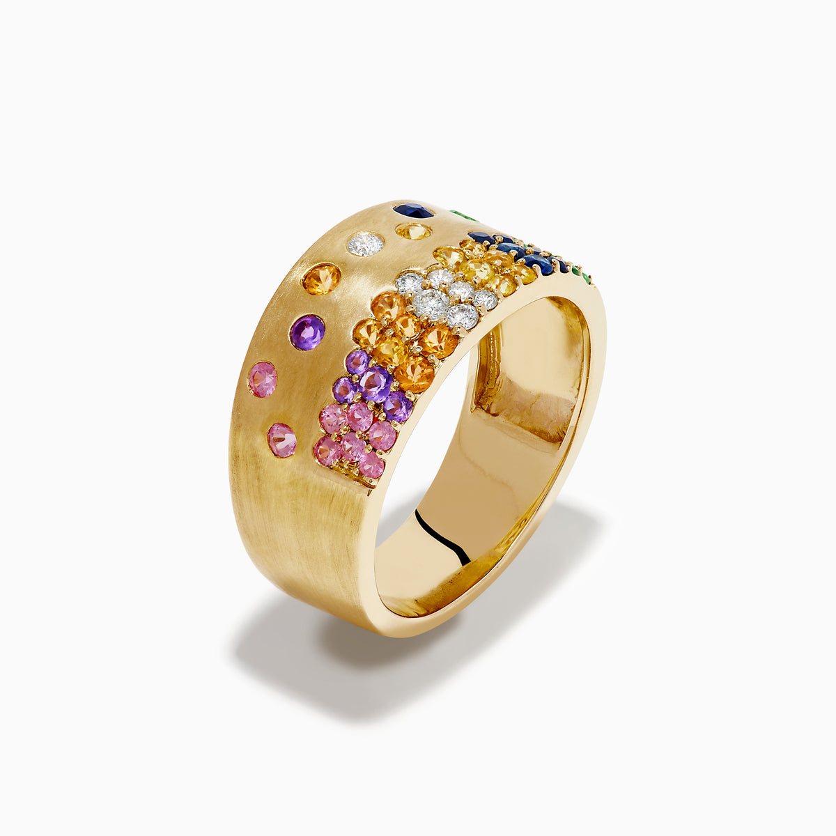 The Watercolors 14K Yellow Gold Multi Sapphire and Diamond Scattered Wide Band showcases vibrant sapphires and sparkling diamonds artfully scattered across a bold yellow gold band for a colorful, eye-catching look.