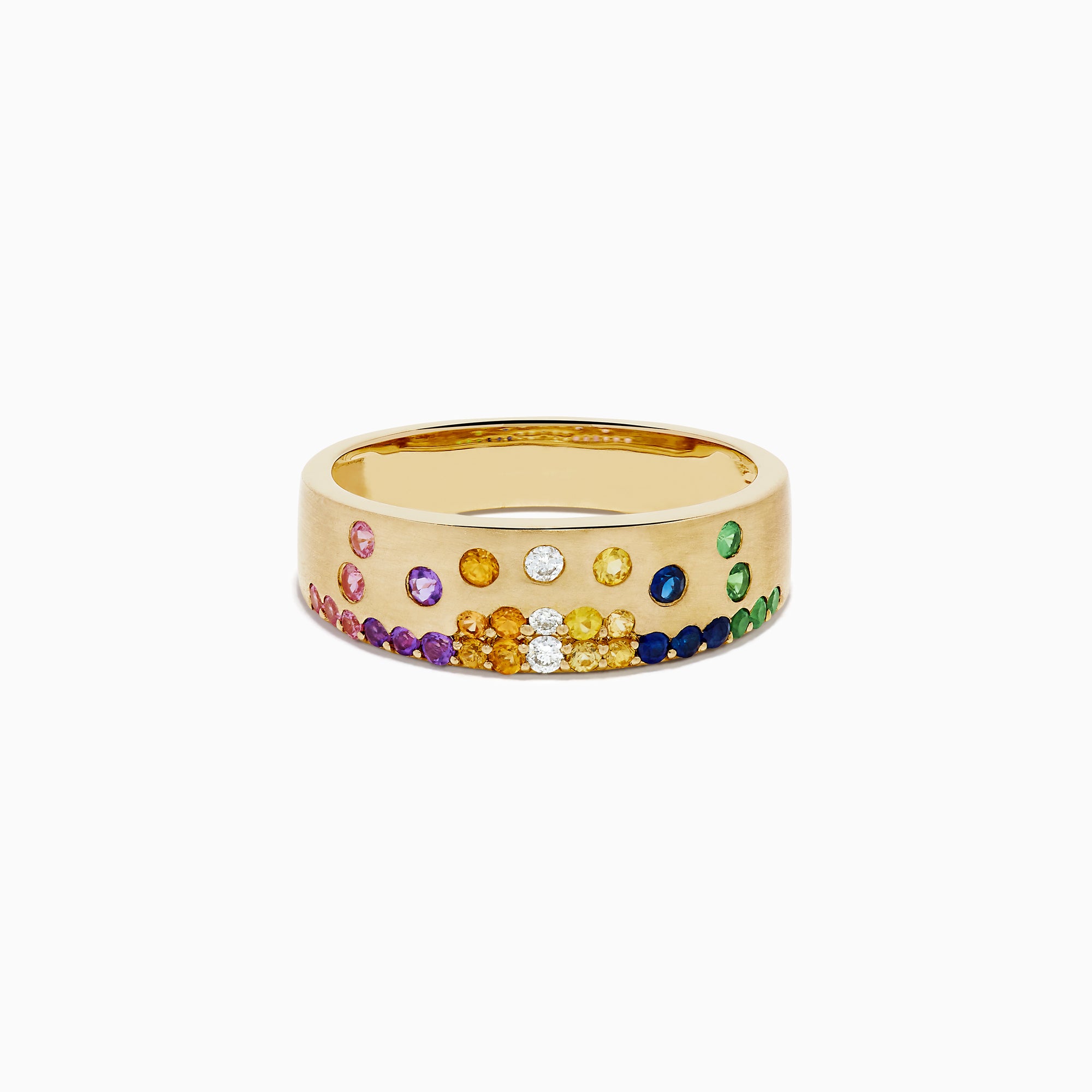 The Watercolors 14K Yellow Gold Multi Sapphire and Diamond Scattered Ring showcases vibrant sapphires in red, yellow, green, blue, and purple hues set across the gold band.