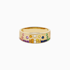 The Watercolors 14K Yellow Gold Multi Sapphire and Diamond Scattered Ring showcases vibrant sapphires in red, yellow, green, blue, and purple hues set across the gold band.