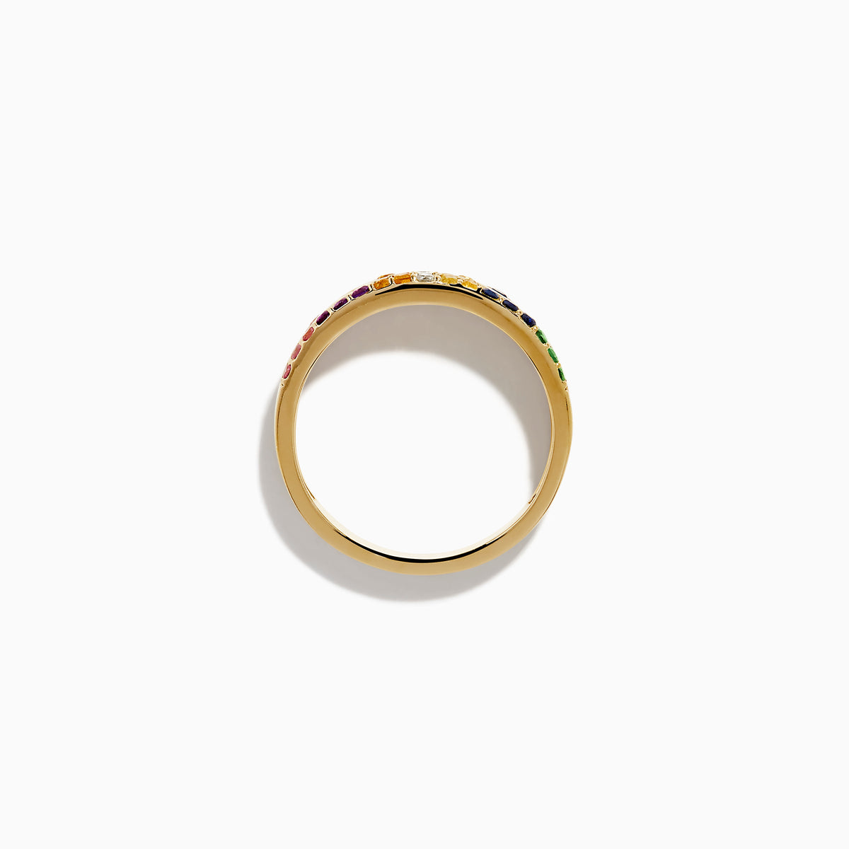 The Watercolors 14K Yellow Gold Multi Sapphire and Diamond Scattered Ring showcases vibrant sapphires in red, yellow, green, blue, and purple hues set across the gold band.