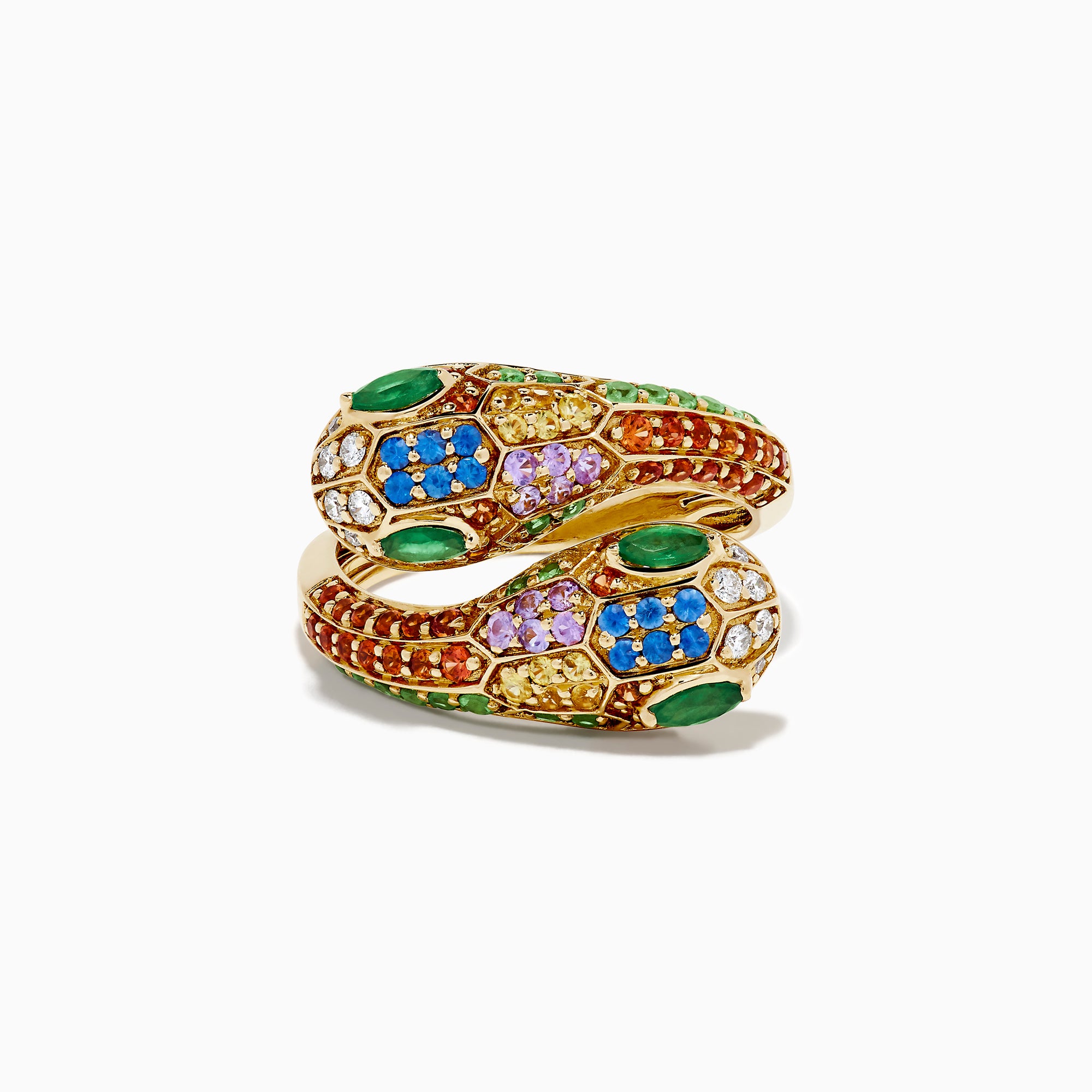 The 14K Yellow Gold Multi Sapphire, Emerald and Diamond Snake Bypass Ring features a coiled serpent design adorned with vibrant sapphires, emeralds, and diamonds for a colorful mosaic effect.
