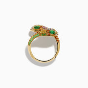 The 14K Yellow Gold Multi Sapphire, Emerald and Diamond Snake Bypass Ring features a coiled serpent design adorned with vibrant sapphires, emeralds, and diamonds for a colorful mosaic effect.