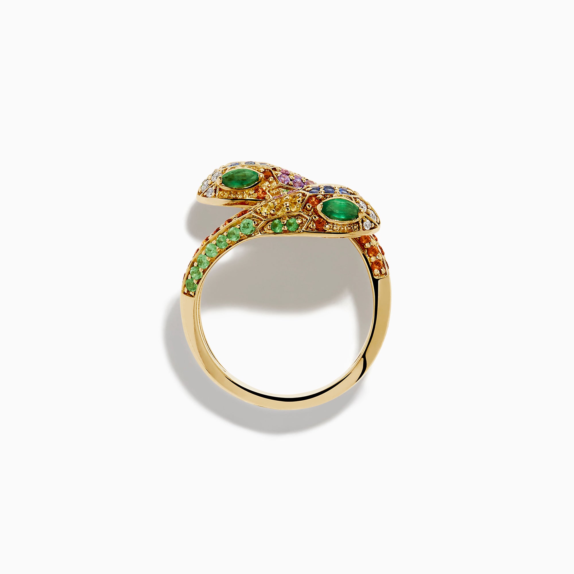 The 14K Yellow Gold Multi Sapphire, Emerald and Diamond Snake Bypass Ring features a coiled serpent design adorned with vibrant sapphires, emeralds, and diamonds for a colorful mosaic effect.