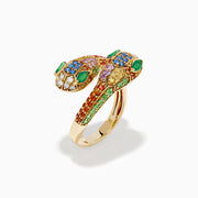 The 14K Yellow Gold Multi Sapphire, Emerald and Diamond Snake Bypass Ring features a coiled serpent design adorned with vibrant sapphires, emeralds, and diamonds for a colorful mosaic effect.
