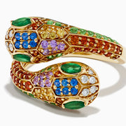 The 14K Yellow Gold Multi Sapphire, Emerald and Diamond Snake Bypass Ring features a coiled serpent design adorned with vibrant sapphires, emeralds, and diamonds for a colorful mosaic effect.