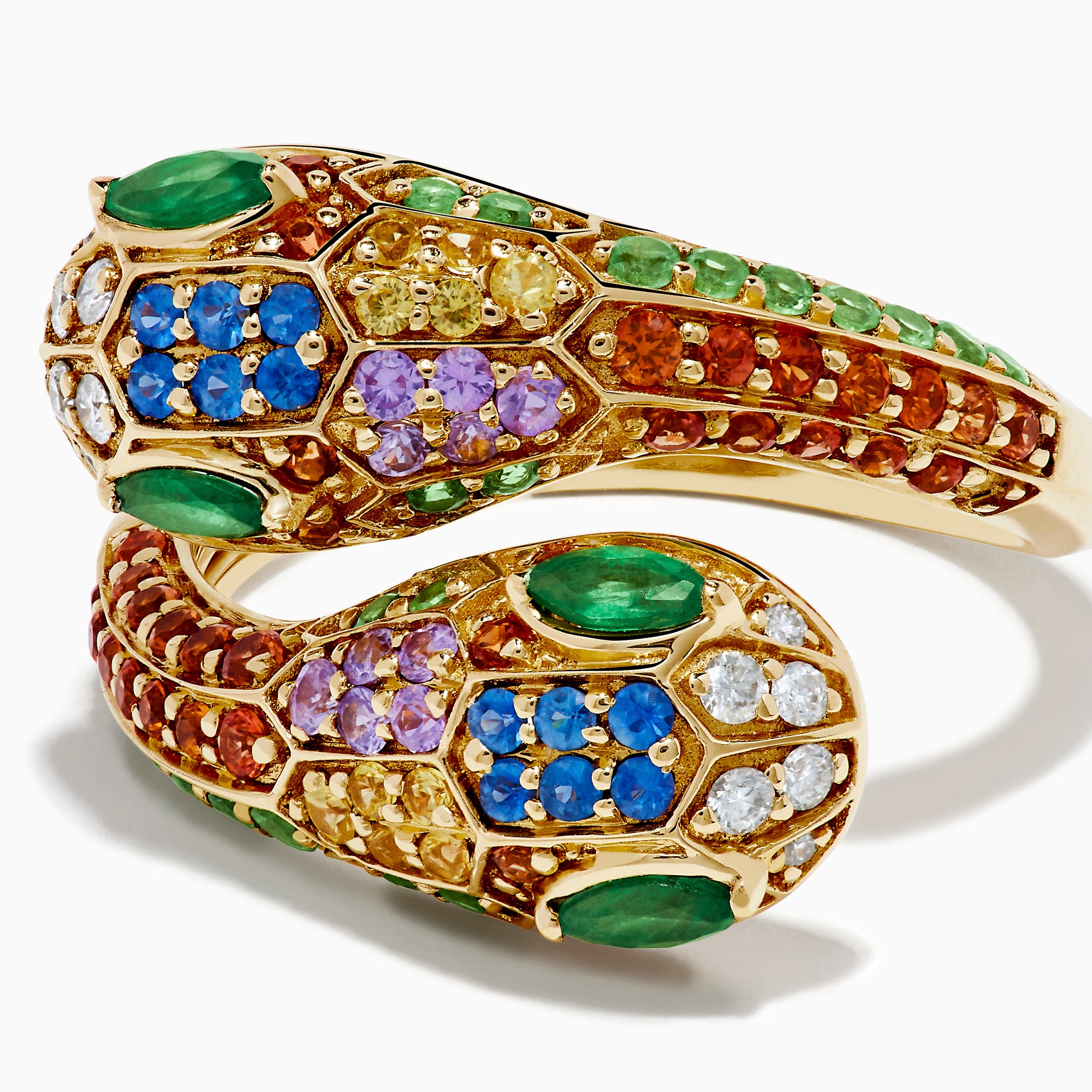 The 14K Yellow Gold Multi Sapphire, Emerald and Diamond Snake Bypass Ring features a coiled serpent design adorned with vibrant sapphires, emeralds, and diamonds for a colorful mosaic effect.