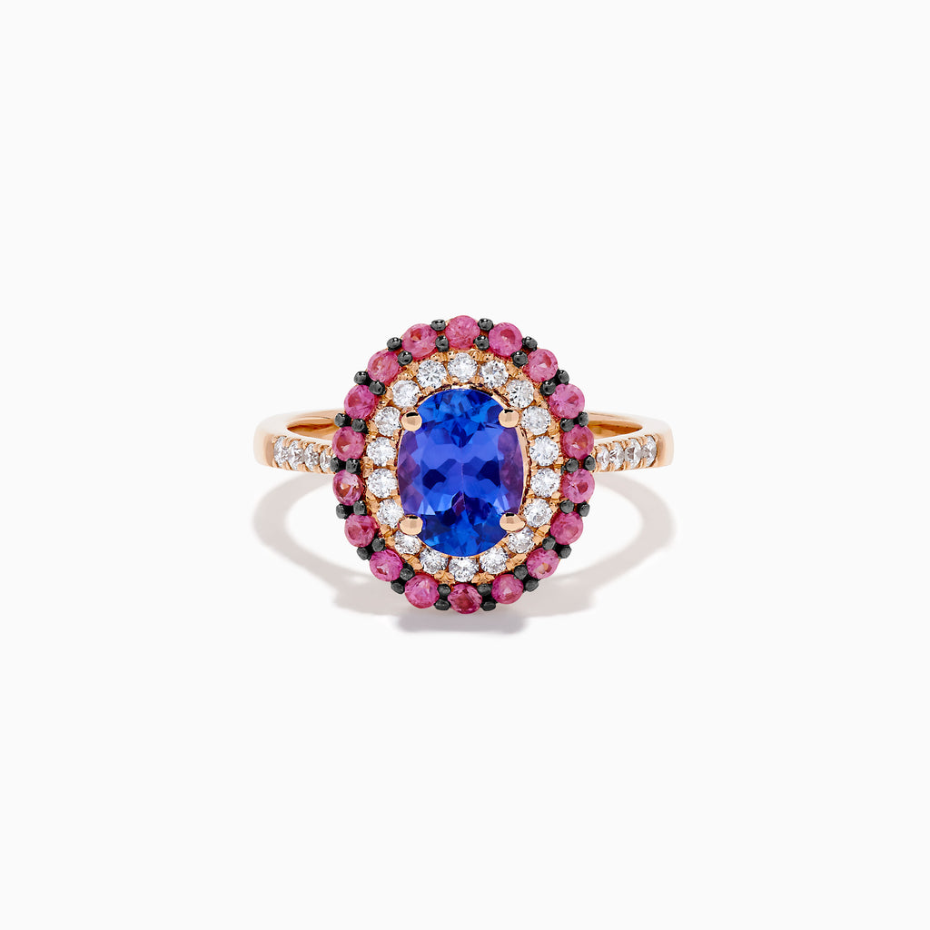 The 14K Rose Gold Tanzanite, Diamond, and Pink Sapphire Oval Halo Ring features a large oval blue tanzanite center, double halos of white diamonds and pink sapphires, plus diamond accents on the band.