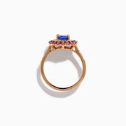 The 14K Rose Gold Tanzanite, Diamond, and Pink Sapphire Oval Halo Ring features a large oval blue tanzanite center, double halos of white diamonds and pink sapphires, plus diamond accents on the band.