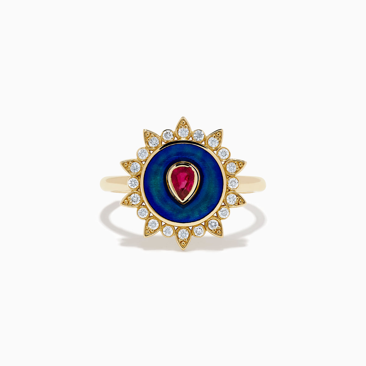 The 14K Yellow Gold Ruby, Diamond, and Enamel Ring showcases a central teardrop ruby, a blue enamel circle, and an outer border of round diamonds in a sunburst design.