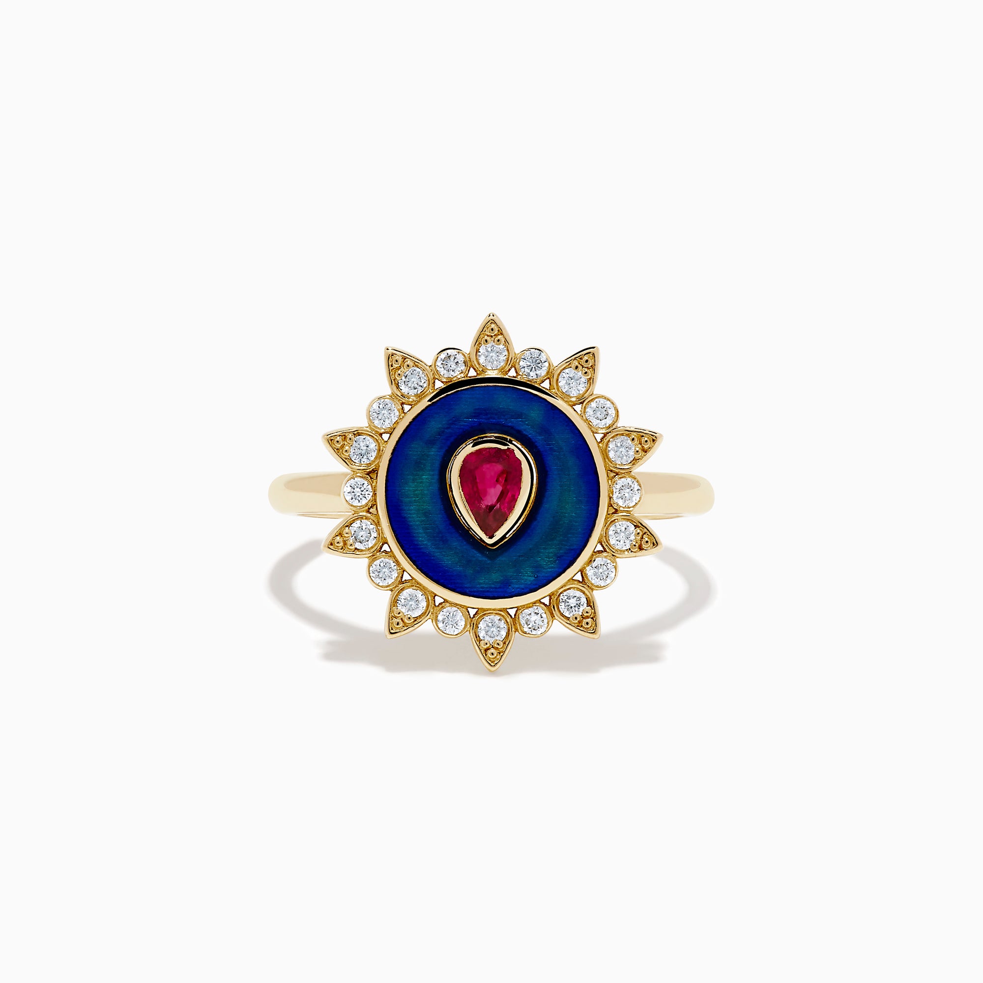 The 14K Yellow Gold Ruby, Diamond, and Enamel Ring showcases a central teardrop ruby, a blue enamel circle, and an outer border of round diamonds in a sunburst design.