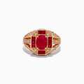 The 14K Rose Gold Ruby and Diamond Art Deco Ring features an oval ruby center, surrounded by square and rectangular rubies and small white diamonds in a geometric, ornate rose gold setting.