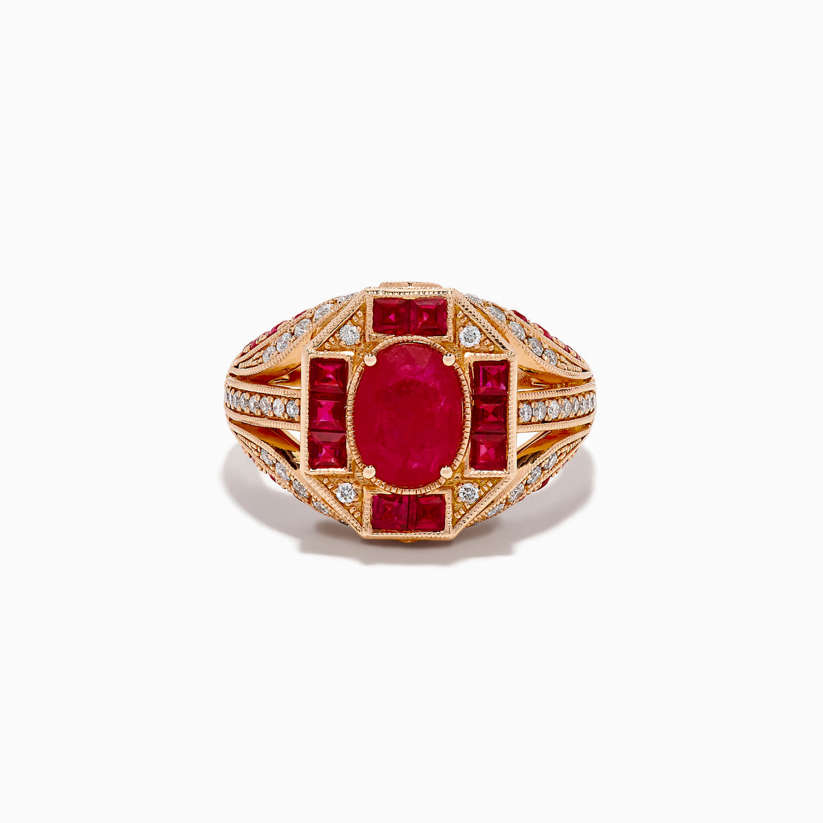 The 14K Rose Gold Ruby and Diamond Art Deco Ring features an oval ruby center, surrounded by square and rectangular rubies and small white diamonds in a geometric, ornate rose gold setting.