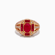 The 14K Rose Gold Ruby and Diamond Art Deco Ring features an oval ruby center, surrounded by square and rectangular rubies and small white diamonds in a geometric, ornate rose gold setting.