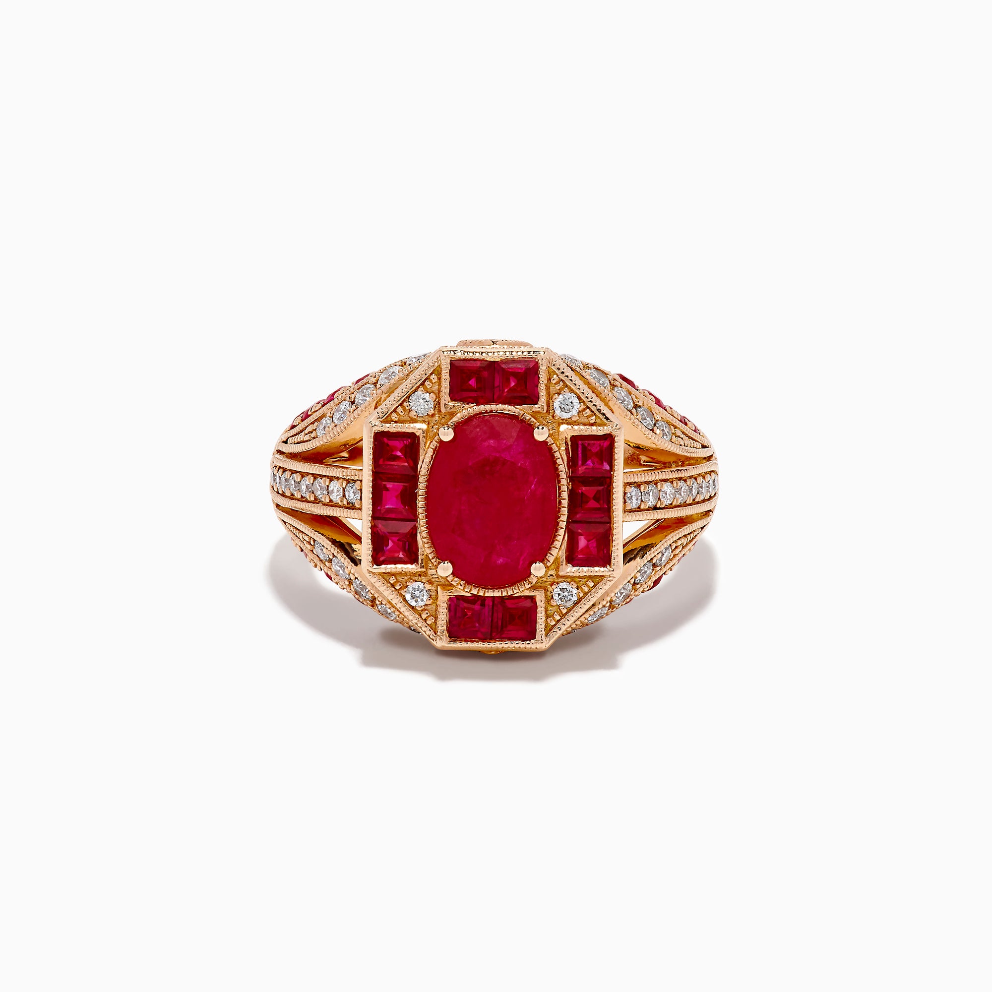 The 14K Rose Gold Ruby and Diamond Art Deco Ring features an oval ruby center, surrounded by square and rectangular rubies and small white diamonds in a geometric, ornate rose gold setting.