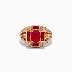 The 14K Rose Gold Ruby and Diamond Art Deco Ring features an oval ruby center, surrounded by square and rectangular rubies and small white diamonds in a geometric, ornate rose gold setting.