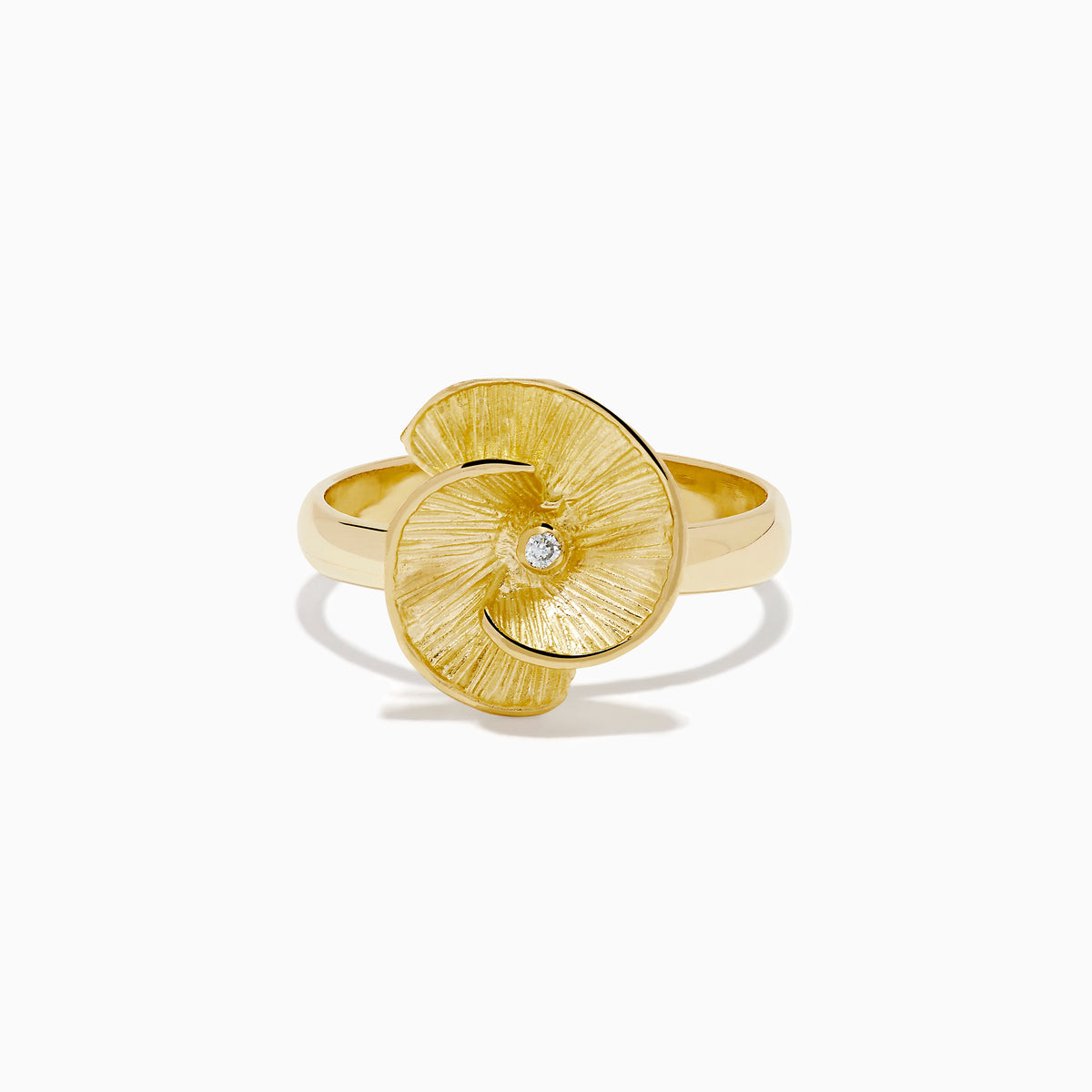 The 14K Yellow Gold Diamond Flower Ring showcases a textured, flower-shaped design in yellow gold with a central diamond, set against a plain white background.