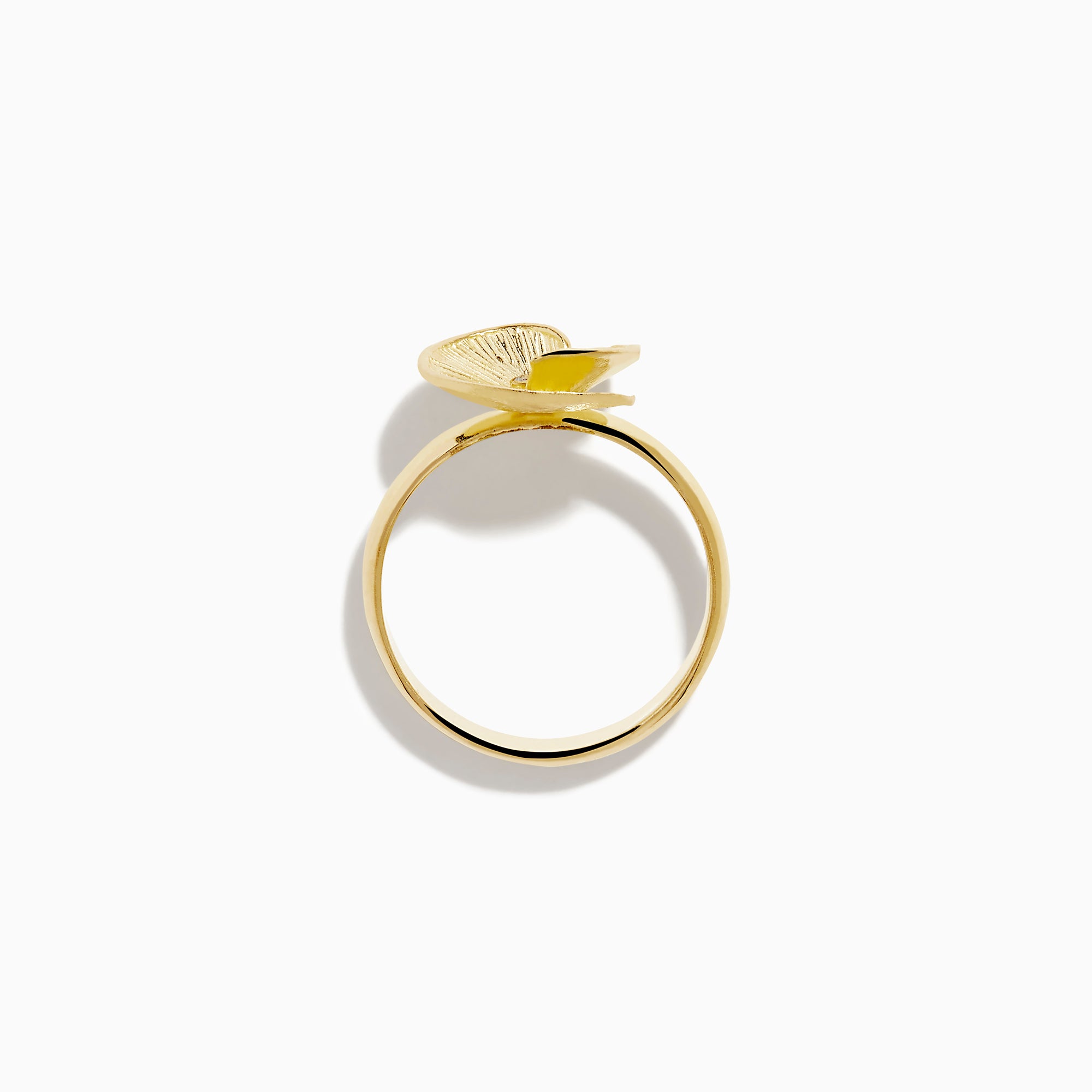 The 14K Yellow Gold Diamond Flower Ring showcases a textured, flower-shaped design in yellow gold with a central diamond, set against a plain white background.