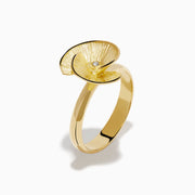 The 14K Yellow Gold Diamond Flower Ring showcases a textured, flower-shaped design in yellow gold with a central diamond, set against a plain white background.