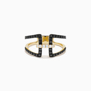 14K Yellow Gold Black and White Diamond Open Geometric Ring