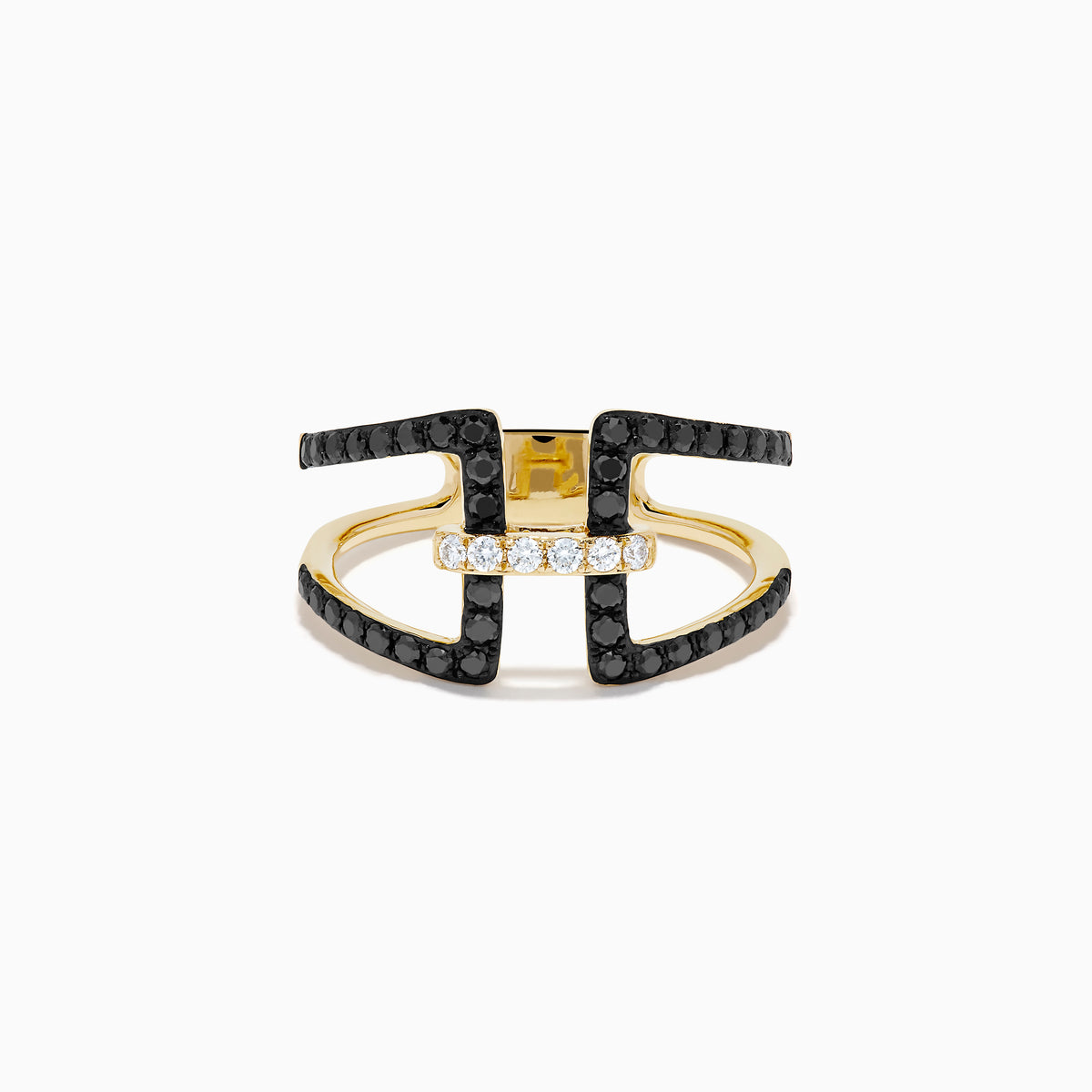 14K Yellow Gold Black and White Diamond Open Geometric Ring