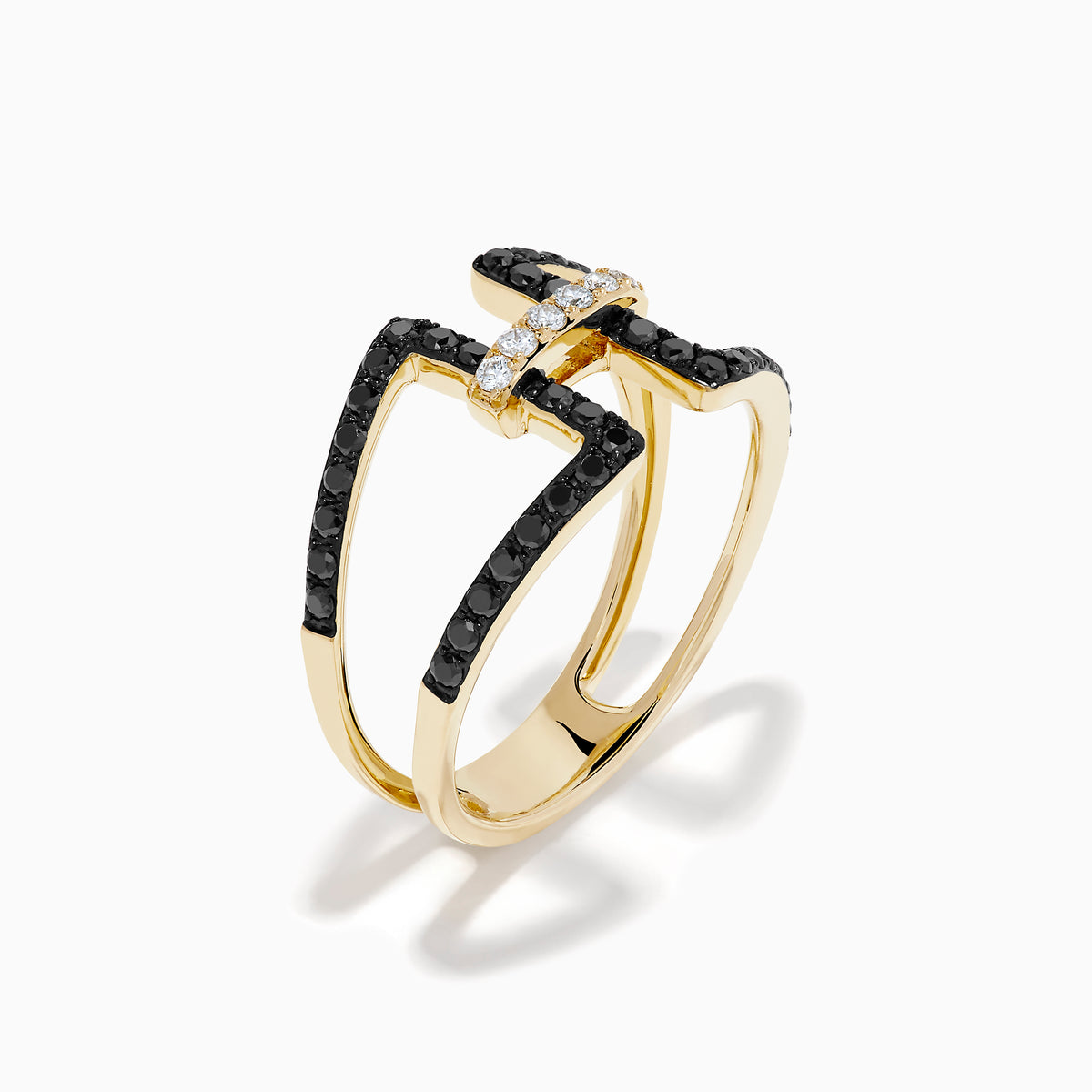 14K Yellow Gold Black and White Diamond Open Geometric Ring
